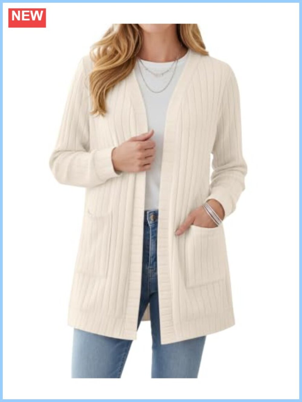 Womens Open Front Cardigan Sweater with Pockets Lightweight Ribbed Knit Long